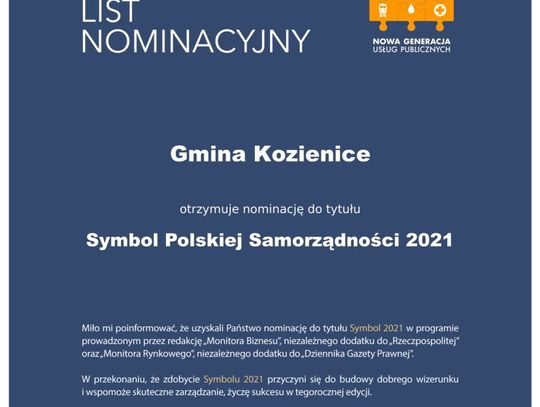 Gmina Kozienice z nominacją do tytułu Symbolu Polskiej Samorządności 202