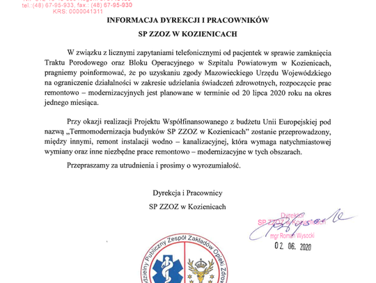 INFORMACJA DYREKCJI I PRACOWNIKÓW  SP ZZOZ W KOZIENICACH