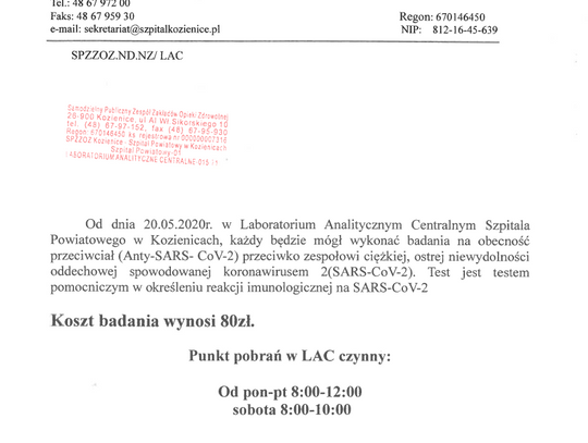 Już od jutra płatne badania na obecność przeciwciał koronowirusa SARS-CoV-2 dostępne dla wszystkich w SP ZZOZ Kozienice