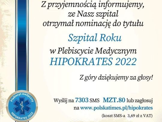 SP ZZOZ w Kozienicach z nominacją do tytułu Szpital Roku w Plebiscycie Medycznym „HIPOKRATES 2022”.