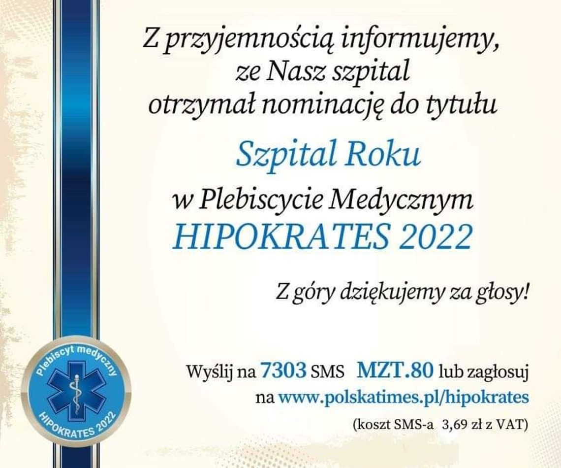 SP ZZOZ w Kozienicach z nominacją do tytułu Szpital Roku w Plebiscycie Medycznym „HIPOKRATES 2022”.